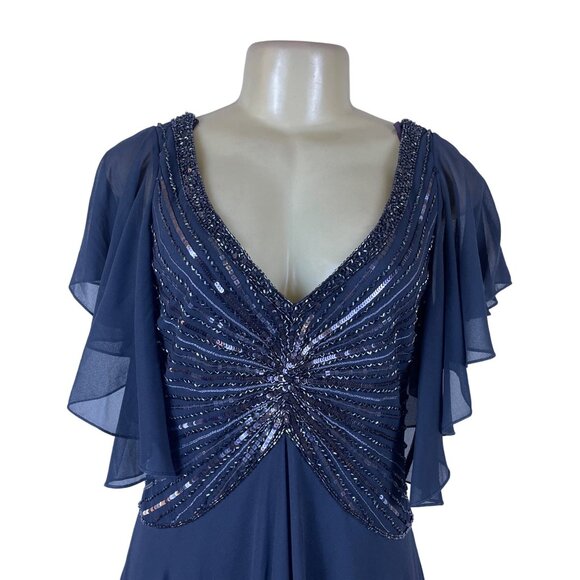 Jkara Womens Navy Polyester Beaded Flutter Sleeve Chiffon Cocktail Dress Size 8 - Picture 4 of 6